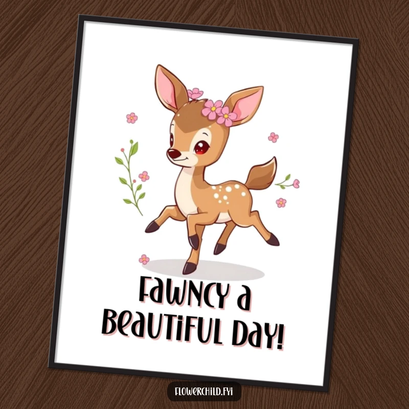 Free Printable Wall Art of a little deer with flowers in its fur, prancing gracefully in a meadow.