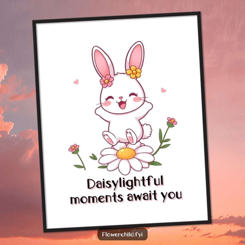 Funny Free Printable Wall Art: A cute bunny adorned with flowers bounces on a daisy, radiating pure joy.