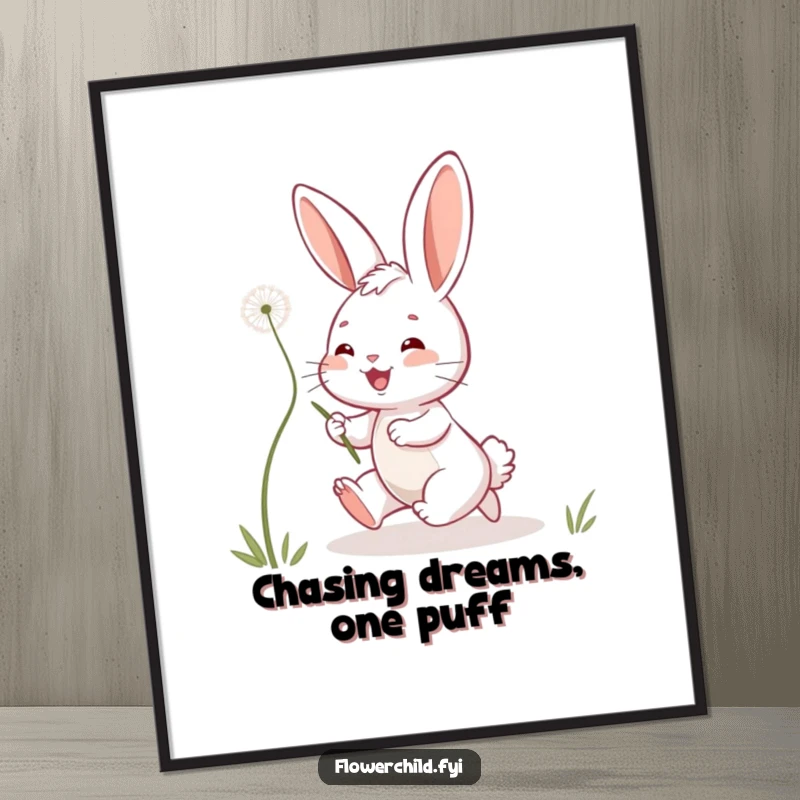 Funny Free Printable Bunny Wall Art: Playful bunny joyfully chasing a floating dandelion seed, adding whimsy to decor.