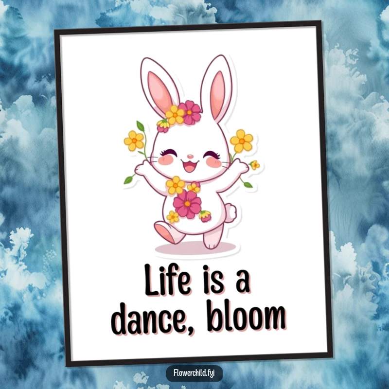 Funny Free Printable Bunny Wall Art of a joyful bunny dancing, adorned with flowers, bringing whimsical charm indoors.
