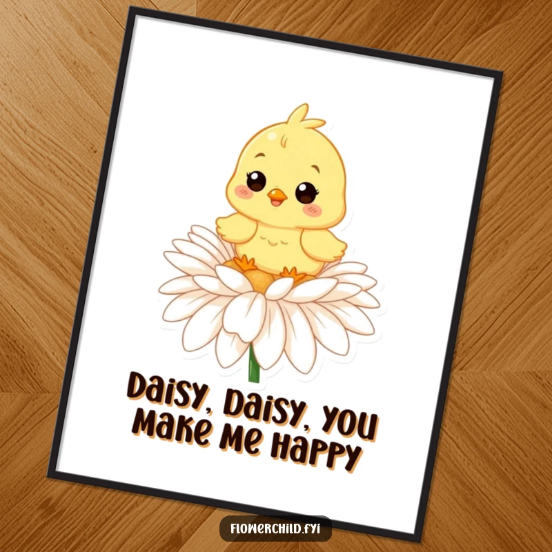 Funny Free Printable Wall Art of a happy chick perched on a daisy, bringing sunny downloadable charm.