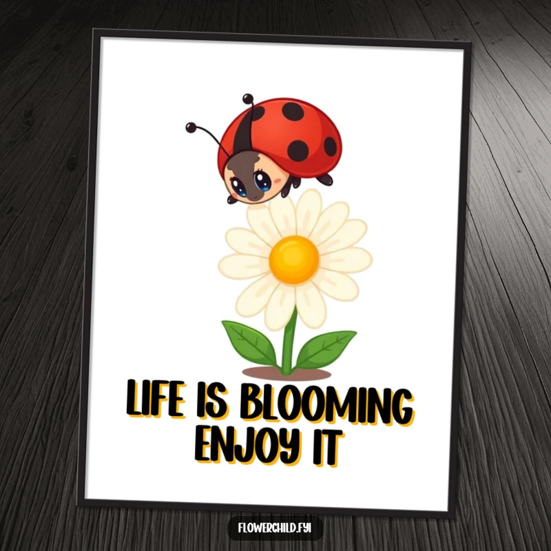 Funny Free Printable Ladybug Wall Art: Curious ladybug observing a vibrant daisy, adding whimsical charm to decor.