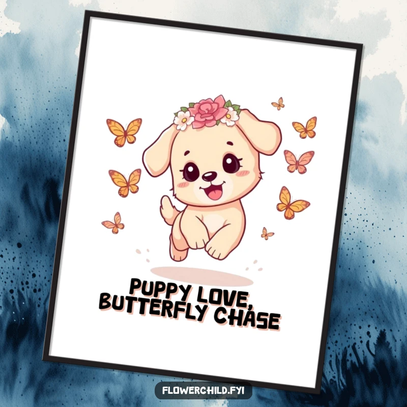 Funny Free Printable Puppy Wall Art of a playful puppy in a flower crown, chasing butterflies with infectious joy.