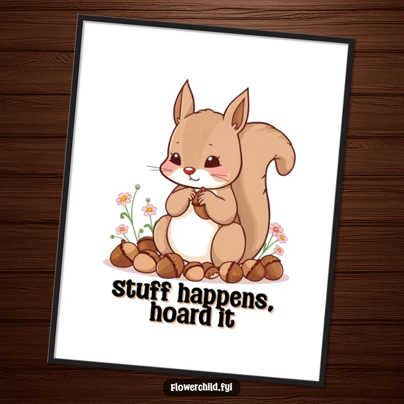 Funny Free Printable Wall Art: A content squirrel hoarding acorns and flowers, bringing a touch of whimsical charm to any room.