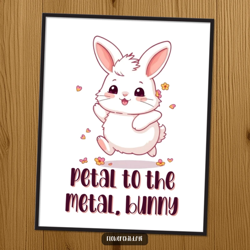 Funny Free Printable Wall Art: A fluffy happy bunny with flower petals nestled in its fur, skipping merrily.