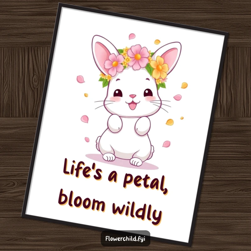 Funny Free Printable Wall Art: A happy bunny with a flower crown tossing petals, creating a festive atmosphere.