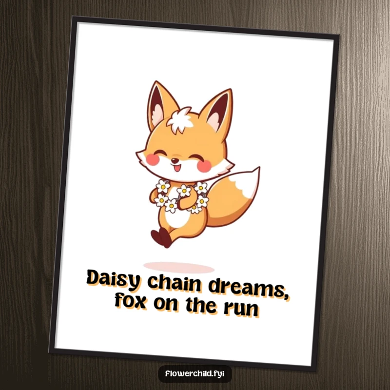 Funny Free Printable Wall Art: A happy fox with a daisy chain around its neck skips with infectious joy.