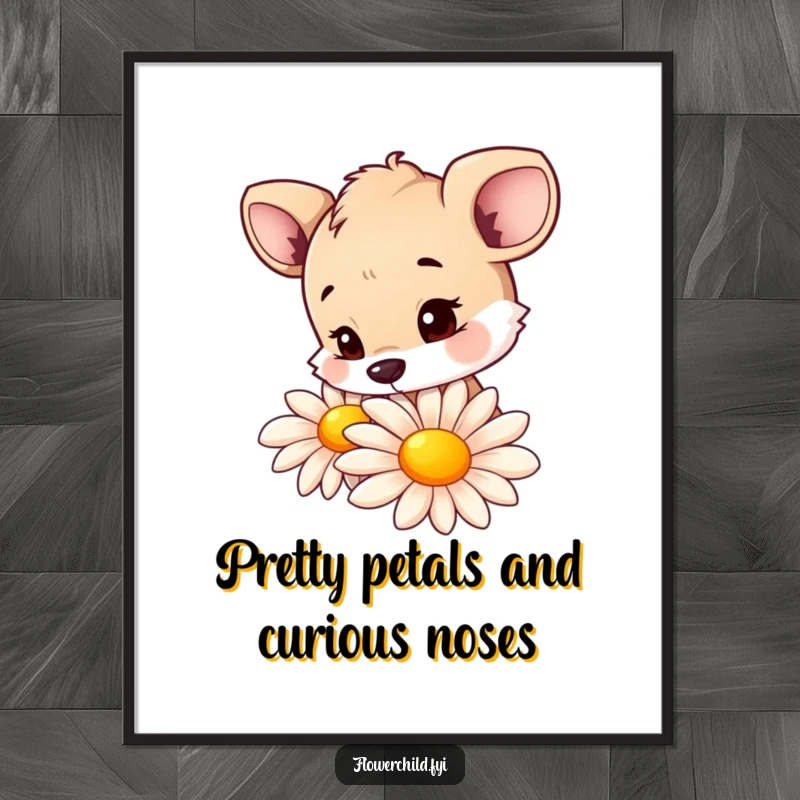 Funny Free Printable Wall Art depicting a curious animal character captivated by the scent of a huge, vibrantly colored daisy.