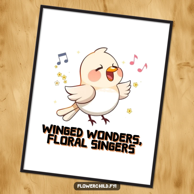 Funny free printable wall art: A bird with small flowers on its wings singing a happy tune, creating a joyful atmosphere.