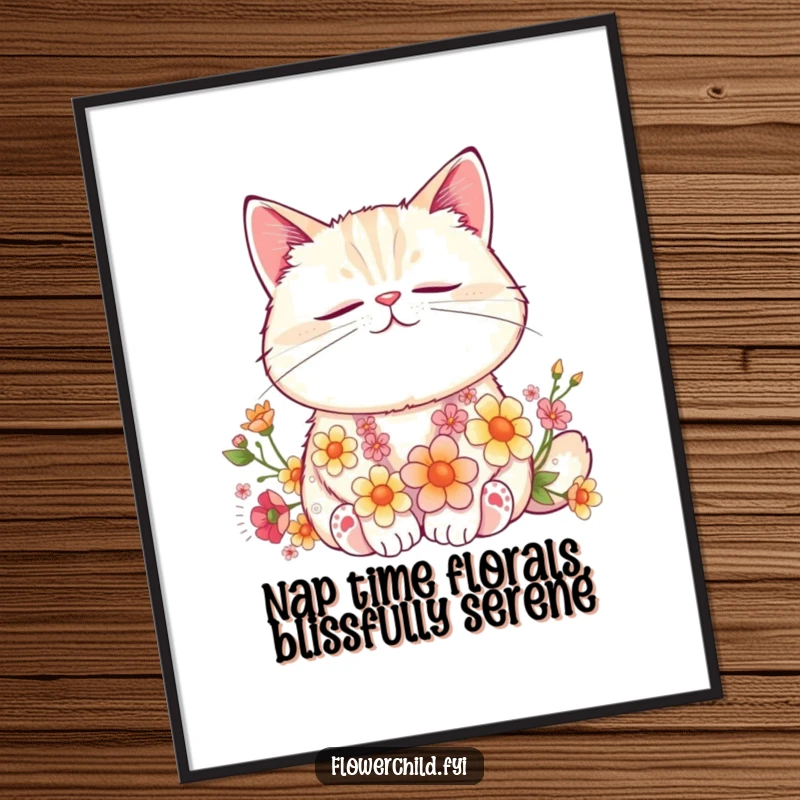 Funny free printable wall art: A contented cat with flowers woven into its fur peacefully napping, bringing serene charm.