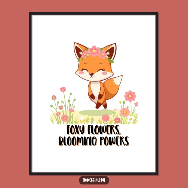 Free Printable Wall Art: Funny Fox Flower Crown Meadow Scene, Downloadable Decor Gift
