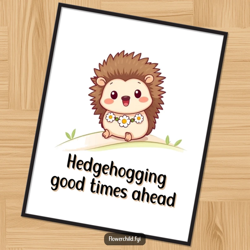 Funny Free Printable wall art of a happy hedgehog in a daisy chain rolling down a gentle slope, bringing smiles and laughter.