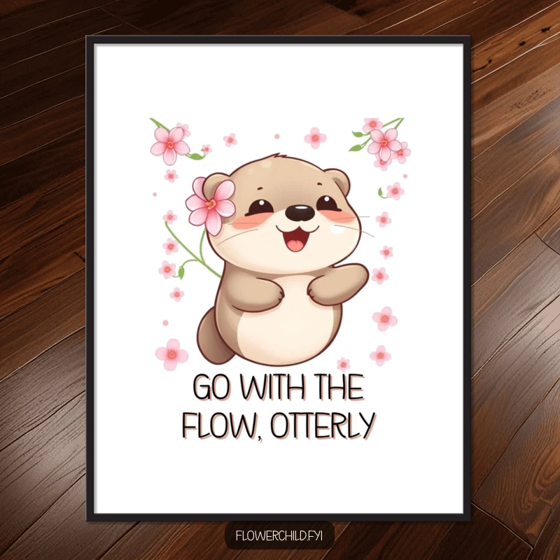 Funny Free Printable Wall Art: Happy Otter with Flower Behind Ear, Floating Serenely
