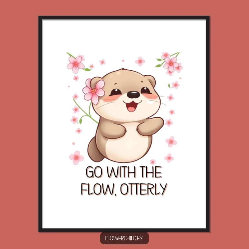 Free Printable Wall Art: Funny Otter Flower Floating Design, Quirky Downloadable Decor