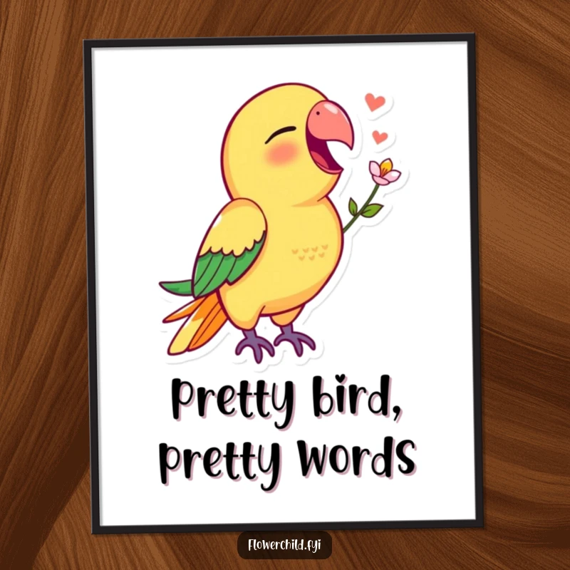 Funny Free Printable Wall Art: Vibrant Parrot with Flower in Beak Singing Joyfully