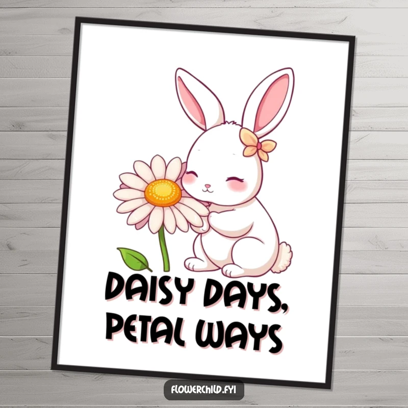 Funny free printable wall art: A rabbit with petals on its ears nibbling a giant daisy in a charming garden setting.