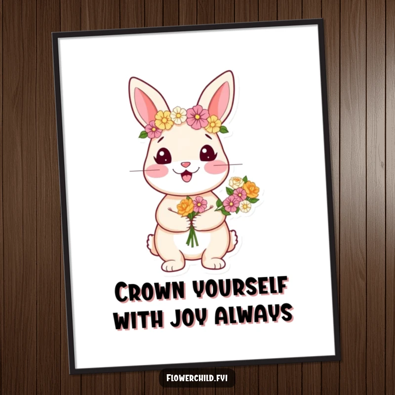 Funny Free Printable Wall Art: A joyful rabbit in a flower crown holds a bouquet, bringing cheerful vibes.