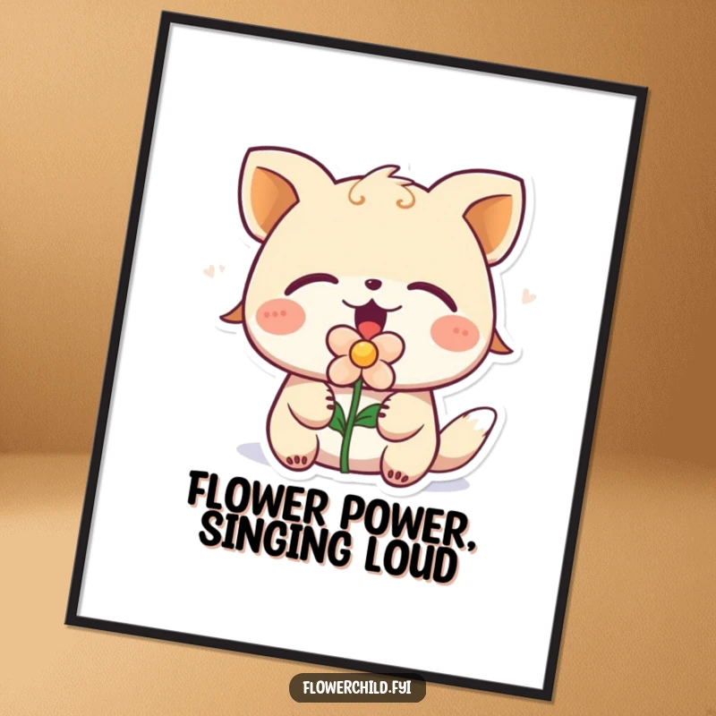 Funny Free Printable Wall Art: Adorable Animal with Flower in Mouth Singing Soulfully, Eyes Closed, Musical Vibes