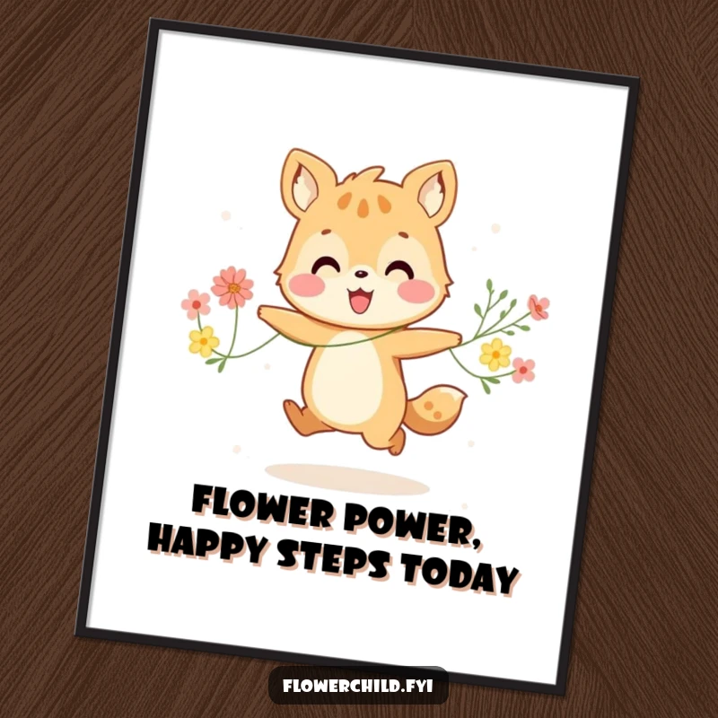 Funny free printable wall art: A joyful animal happily skipping, adorned with a string of delicate flowers. Utterly charming!