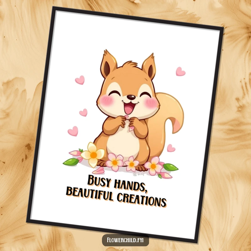 Funny Free Printable Wall Art: A delighted squirrel is busy gathering petals to craft a beautiful flower chain.