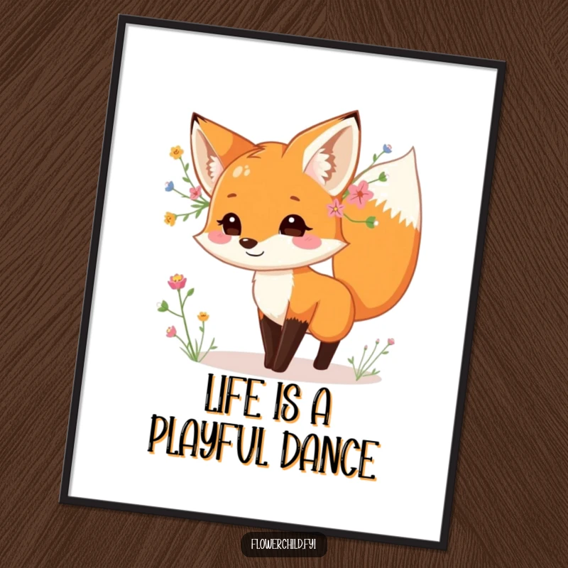 Funny Free Printable Wall Art: A playful fox with wildflowers tucked behind its ear dances with joyful abandon, adding charm.