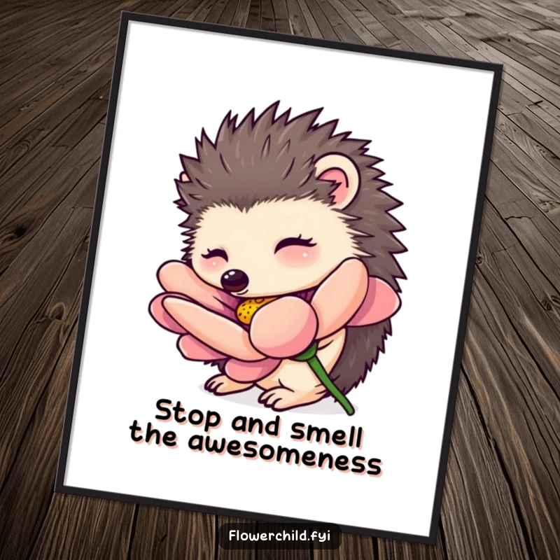 Funny Free Printable Wall Art of a curious hedgehog character intently smelling a vibrant, comically oversized flower.