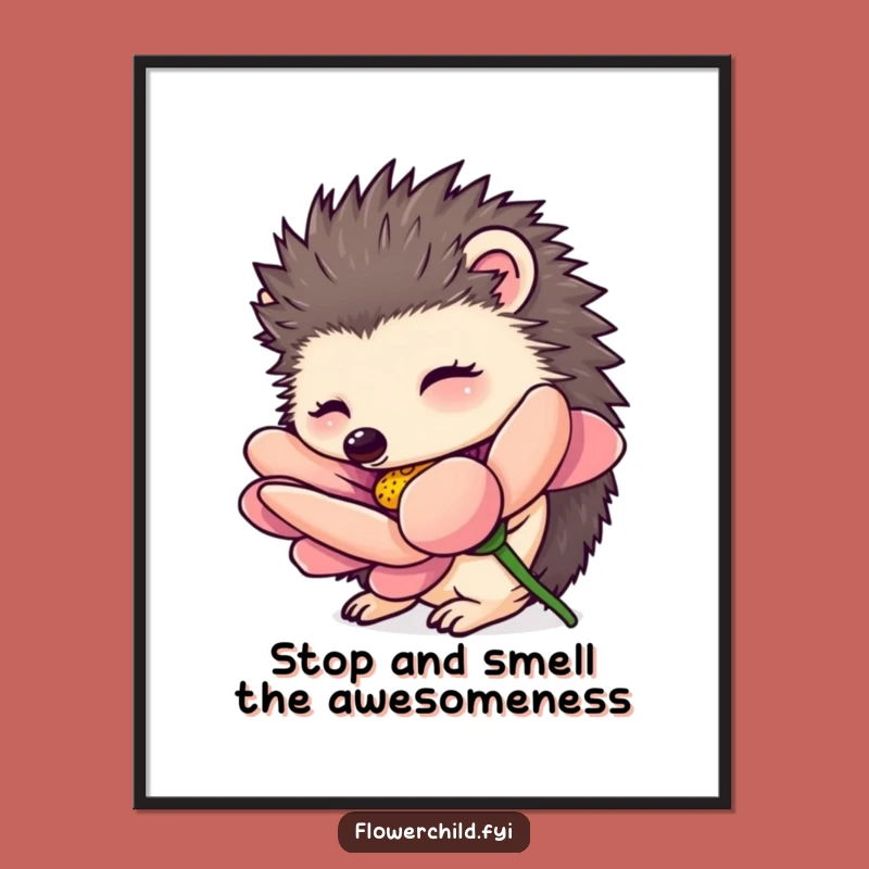 Funny Free Printable Wall Art: Hedgehog Flower Curiosity, Downloadable Nature Decor