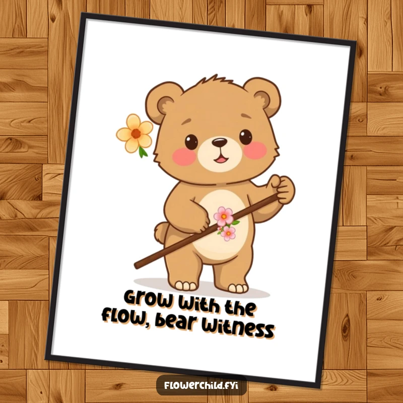 Funny Free Printable Wall Art: A proud bear cub with a flower-adorned walking stick, ready for an expedition.