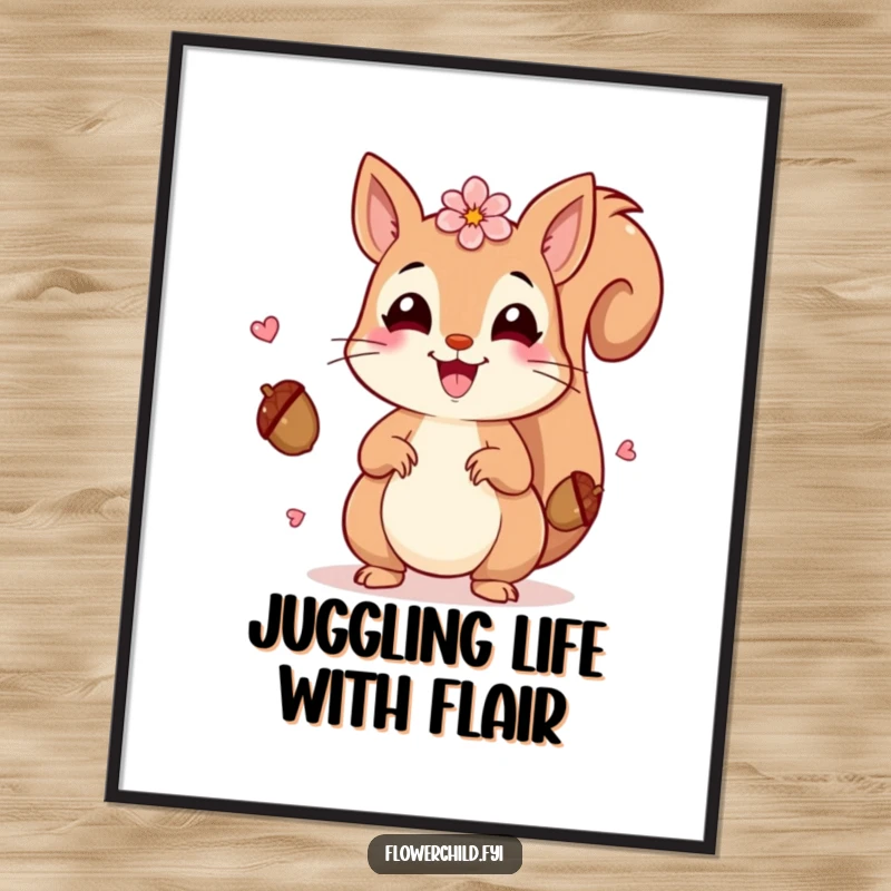 Funny Free Printable Wall Art: A beaming squirrel adorned with small petals juggles acorns cheerfully, adding decor.