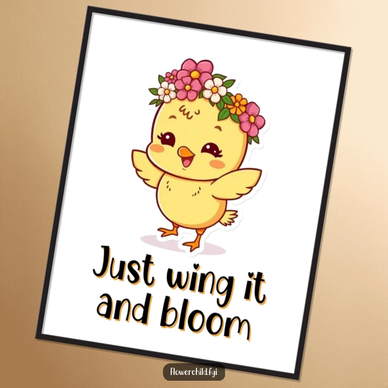 Funny Free Printable Dancing Chick Wall Art: Happy chick in a flower crown, dancing with cheerful energy for whimsical decor.