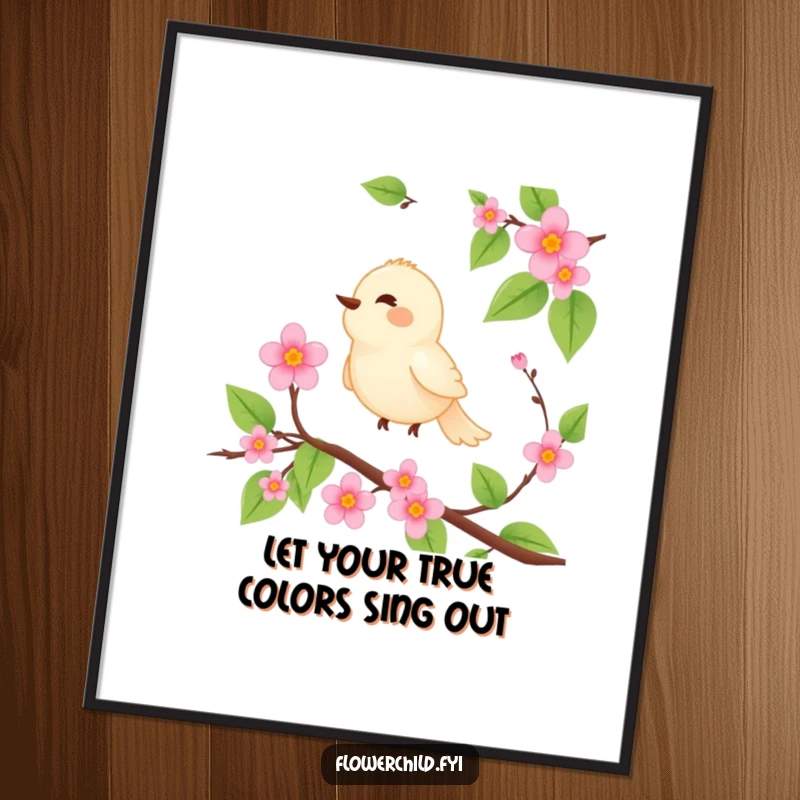 Funny Free Printable Wall Art: A serene bird perches on a blooming vine, singing a joyful song peacefully.