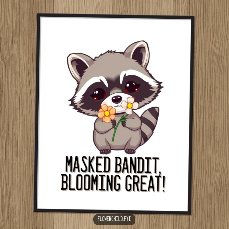 Free Printable Wall Art: A mischievous raccoon with a flower in its mask, peeking out with curious eyes.