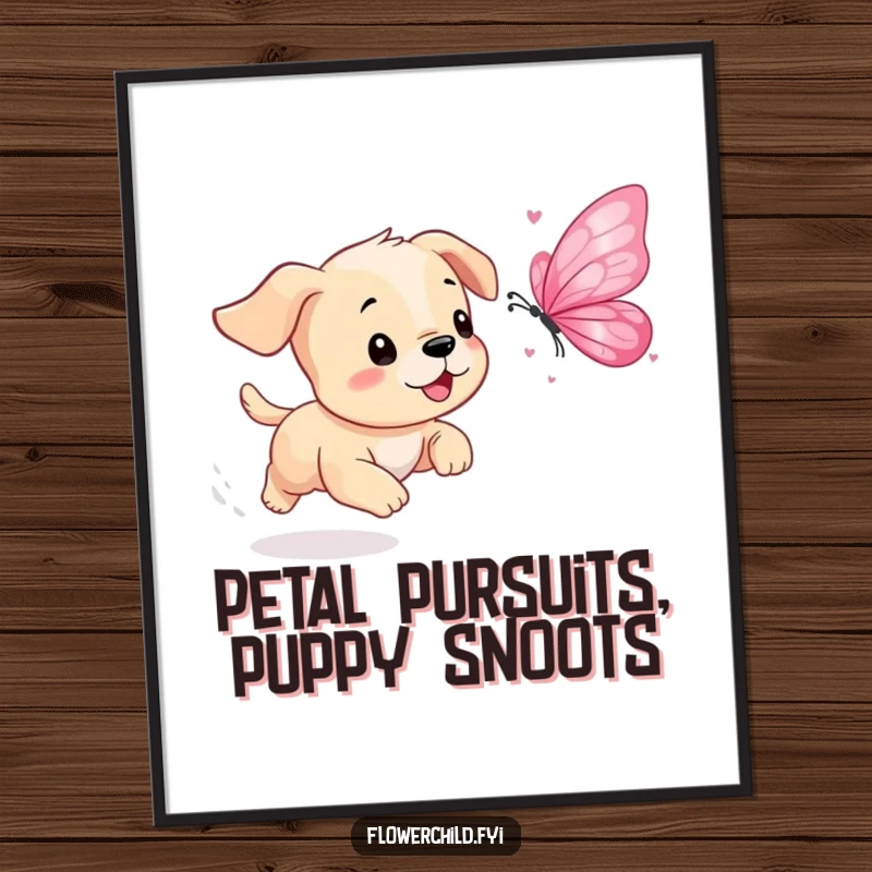 Funny free printable wall art: A playful puppy joyfully chasing a fluttering butterfly made of flower petals in a whimsical scene.