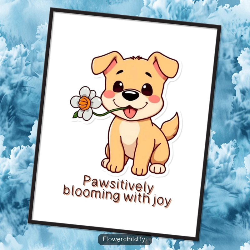 Funny Free Printable Wall Art: A happy, playful dog holding a single flower in its mouth, its tail a blur of wagging joy.