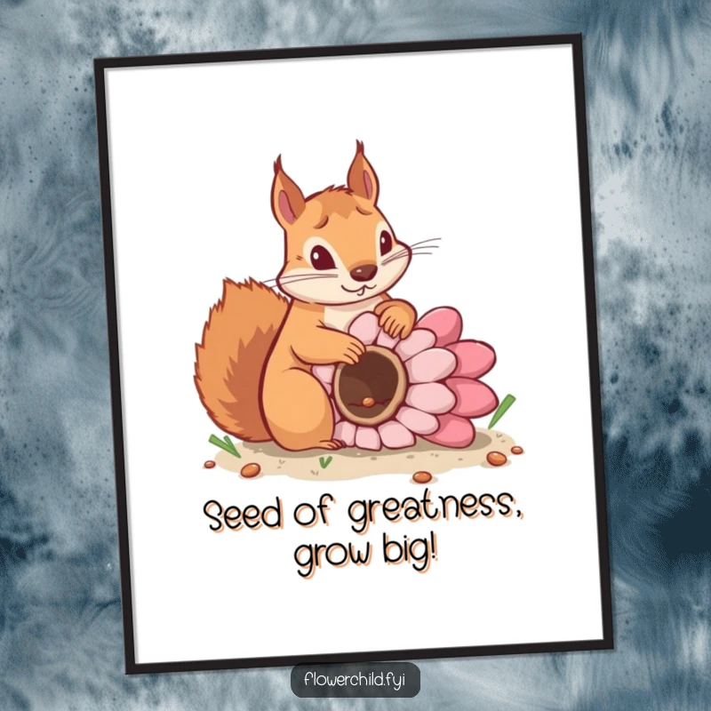 Funny Free Printable Wall Art: A determined squirrel buries a giant flower seed, depicted with humorous focus and charm.