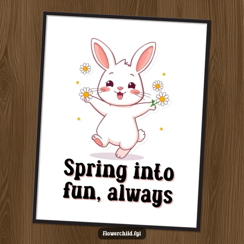 Funny Free Printable Wall Art of a cheerful rabbit joyfully twirling, with daisies dancing around its ears in a whimsical springtime scene.