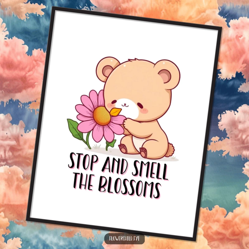 Funny Free Printable Wall Art showing a curious bear cub with wide eyes, delightedly sniffing a giant, vibrant wildflower.