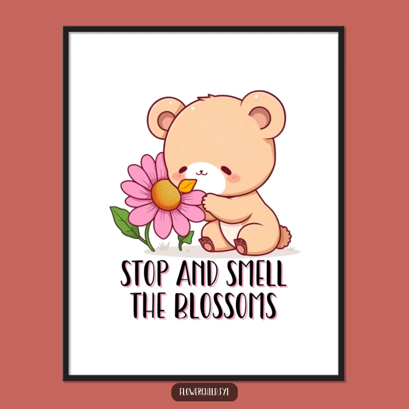 Free Printable Wall Art: Bear Cub's Flower Fascination Funny Downloadable Art