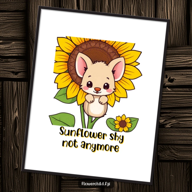 Funny Free Printable Wall Art: Cute Shy Animal Hiding Behind Enormous Sunflower, Whimsical Art, Playful Hide and Seek