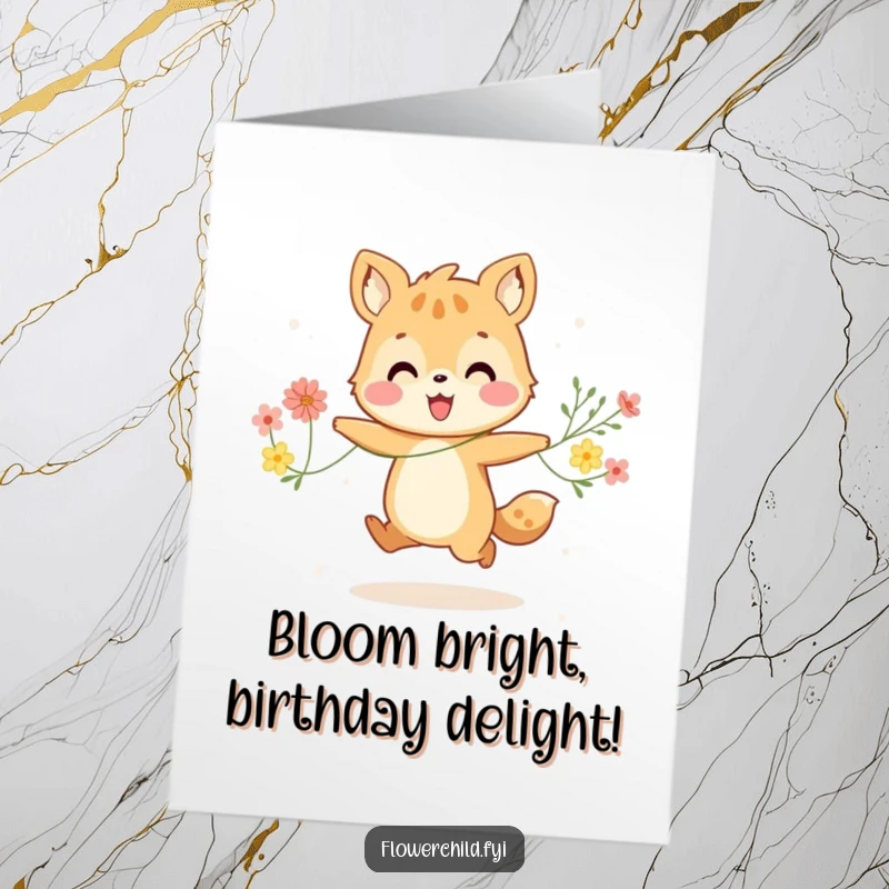 Funny free printable birthday card: A cheerful animal joyfully skipping while holding a string of colorful flowers. Pure happiness!