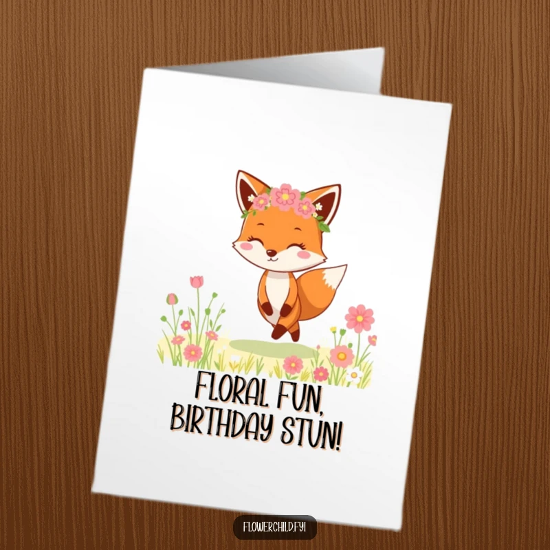 Funny free printable birthday card: Cheerful fox in a flower crown skipping joyfully through a meadow, ready to celebrate.