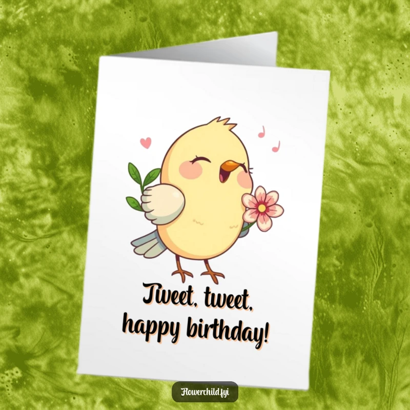 Funny Free Printable Birthday Card: A chirping bird with a flower behind its ear sings a joyful birthday tune.