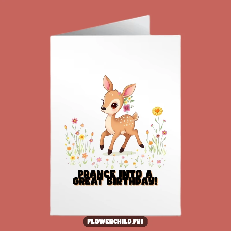 Free Printable Birthday Card: Deer Wildflowers Prancing Meadow Downloadable