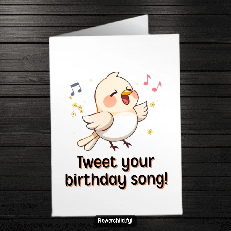 Funny free printable birthday card: A happy bird with small flowers on its wings sings a cheerful tune, celebrating joyfully.
