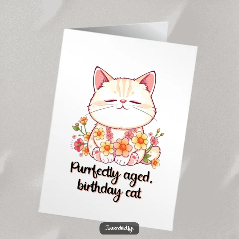Funny free printable birthday card: A contented cat napping peacefully with flowers woven into its fur, radiating calm joy.
