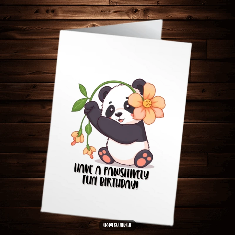 Funny Free Printable Birthday Card: Cuddly Panda Playfully Batting at Flower
