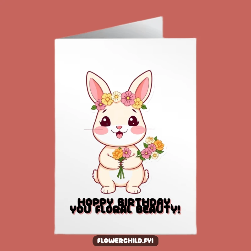 Free Printable Birthday Card: Happy Rabbit Flower Crown, Funny Download Gift