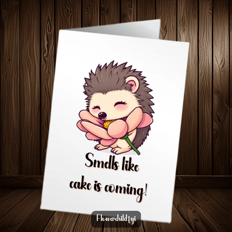 Funny Free Printable Birthday Card featuring a curious hedgehog character sniffing a large, vibrant, oversized flower with delight.
