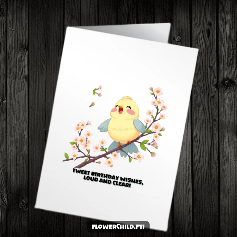 Funny Free Printable Birthday Card featuring a joyful bird singing amongst blossoming branches, wishing them a melodious birthday.