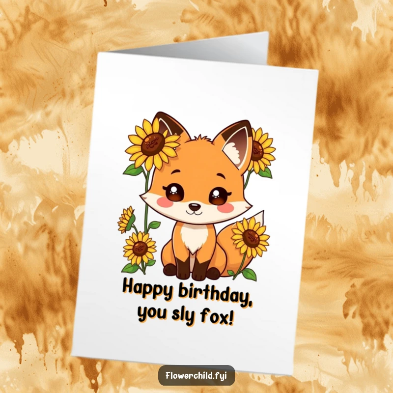 Funny Free Printable Birthday Card: A playful fox has cheerful sunflowers growing from its fur, wishing a happy birthday.